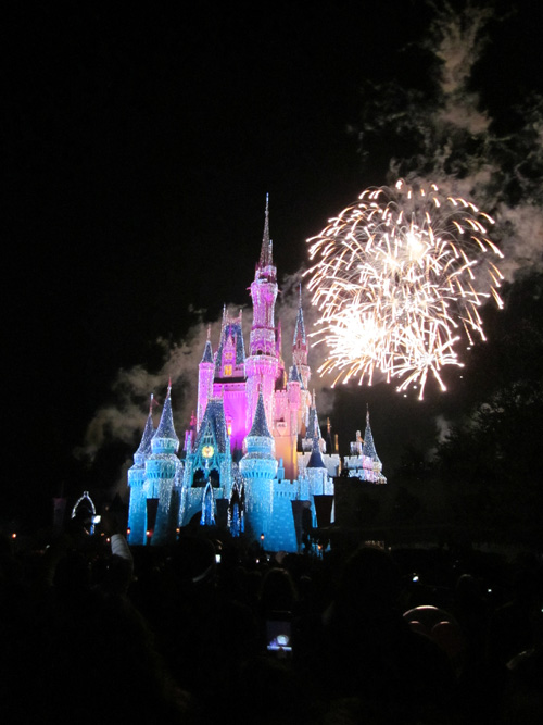 Fireworks over Cinderella's Castle in the Magic Kingdom at Walt Disney World in December 2010