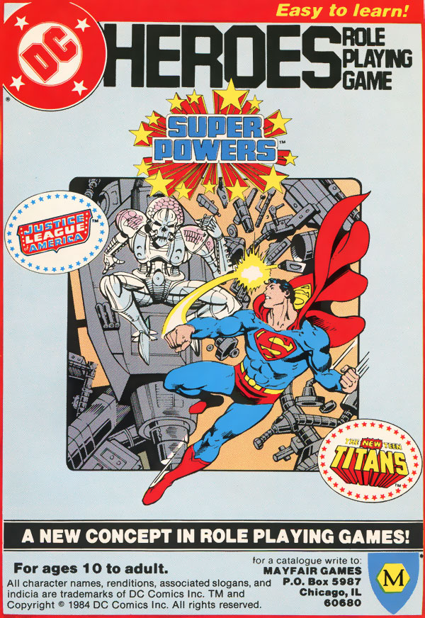 Mayfair Games DC Heroes role-playing game advertisement