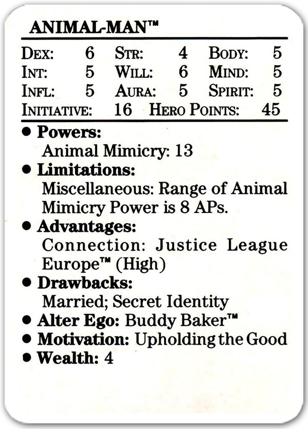 Animal Man from 1989 Mayfair DC Heroes Role-Playing Game